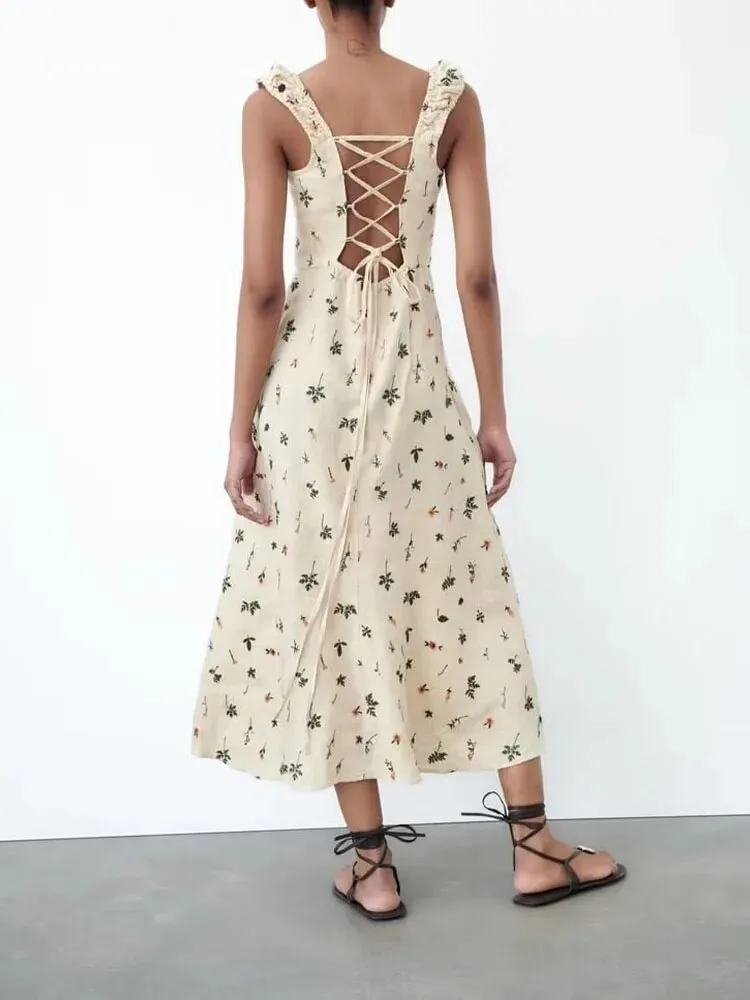 xakxx- Summer new women's clothing sexy backless strappy pastoral style open back linen embroidery midi strap dress