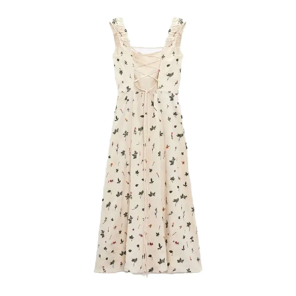 xakxx- Summer new women's clothing sexy backless strappy pastoral style open back linen embroidery midi strap dress