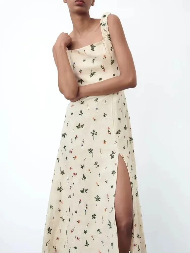xakxx- Summer new women's clothing sexy backless strappy pastoral style open back linen embroidery midi strap dress