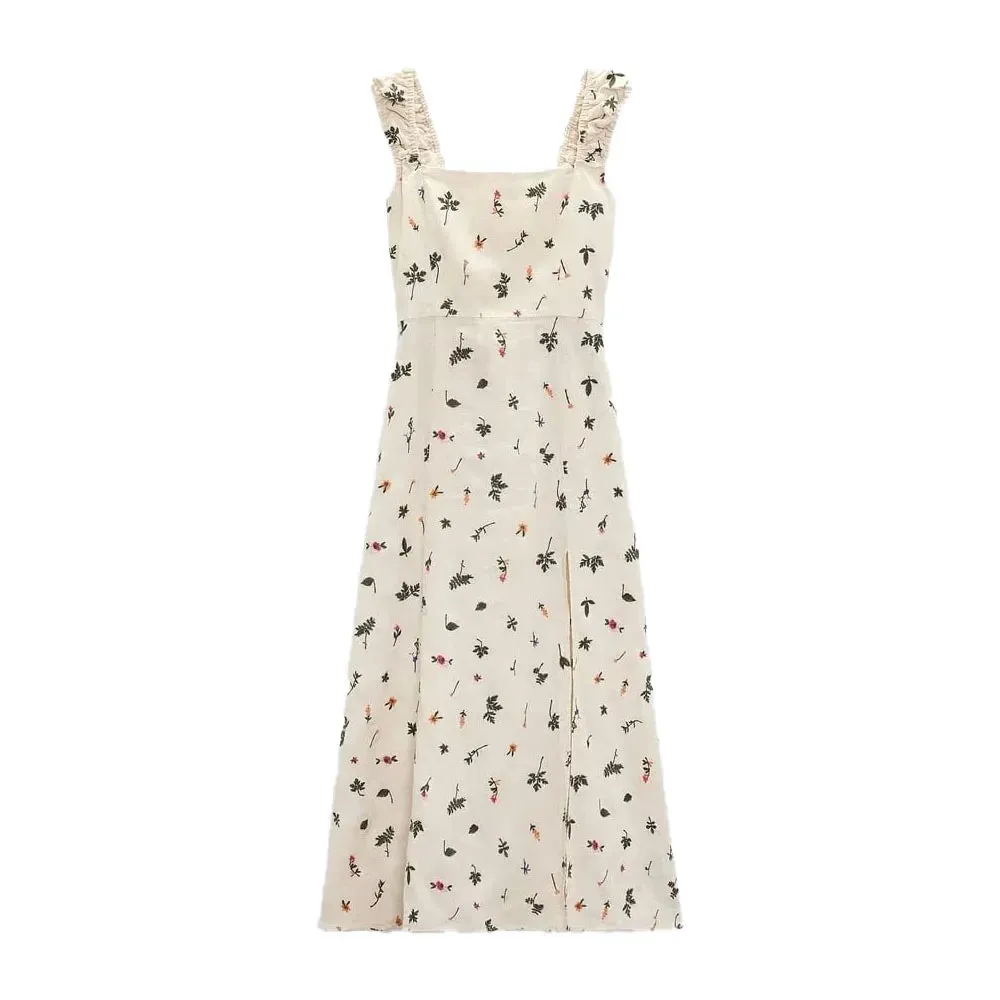 xakxx- Summer new women's clothing sexy backless strappy pastoral style open back linen embroidery midi strap dress
