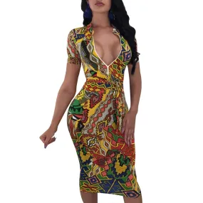 Yellow Colorful Zipper Band Collar Bodycon Clubwear Party Dress #Zipper #Band Collar